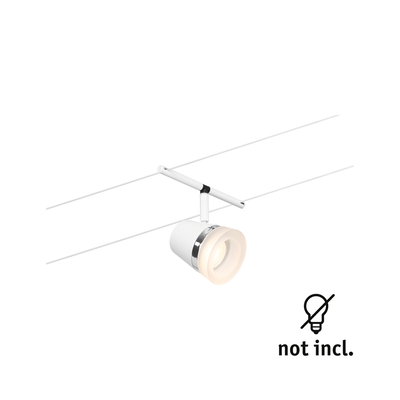 Modern white cable system spotlight with chrome ring, LED bulb not included, flexible lighting option