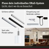 Individuelles URail-System mit schwarzen und silbernen Schienen, Steckern und weißem Pendellicht im Wohnzimmer