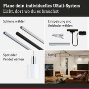 Modulares URail-Schienensystem mit weißen und schwarzen Schienen, Steckverbindern und Pendelleuchten für flexible Beleuchtung