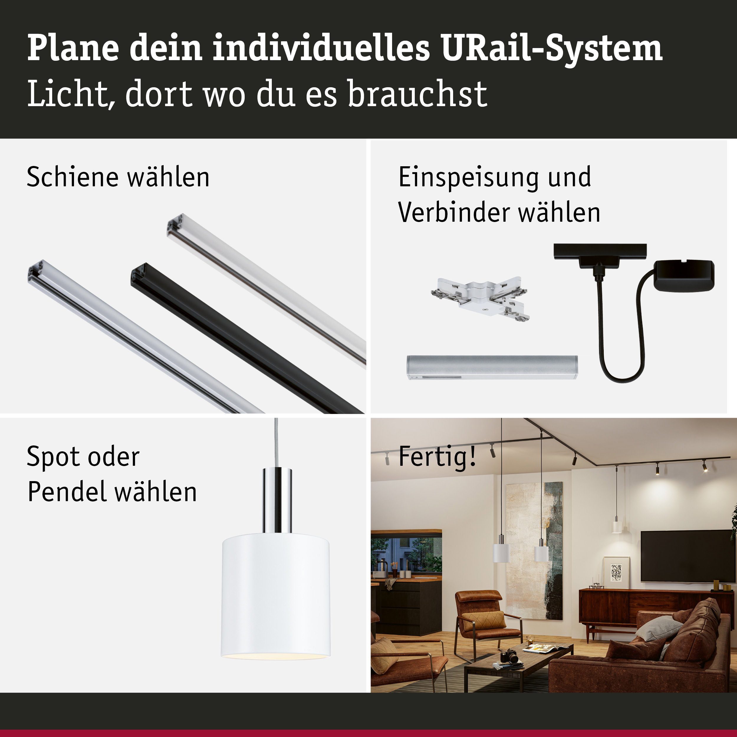 Modulares URail-Schienensystem mit weißen und schwarzen Schienen, Steckverbindern und Pendelleuchten für flexible Beleuchtung