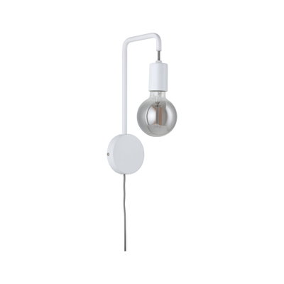Modern white metal wall lamp with visible bulb and fabric cable for stylish home lighting