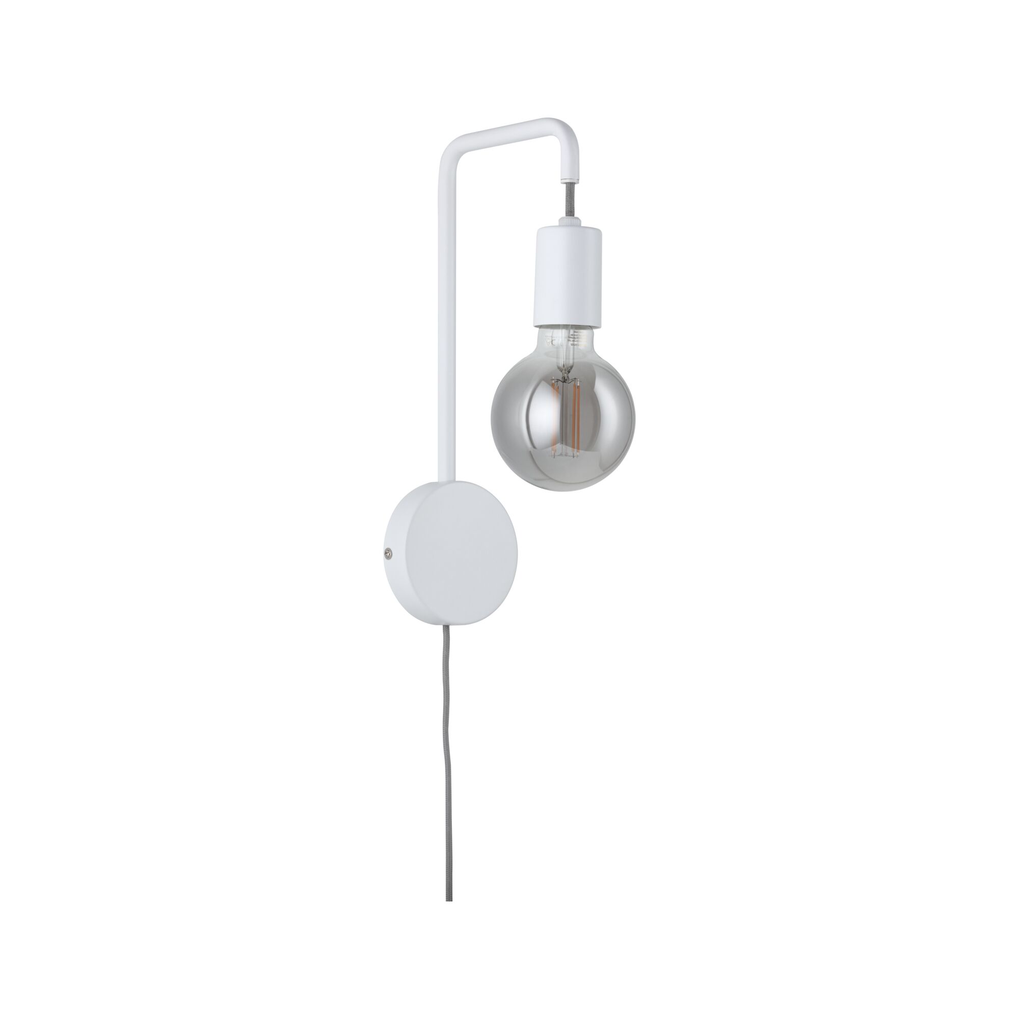 Modern white metal wall lamp with visible bulb and fabric cable for stylish home lighting