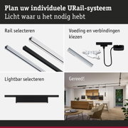 Modulair URail-systeem met aluminium rails in zwart en wit voor flexibele LED-verlichting.