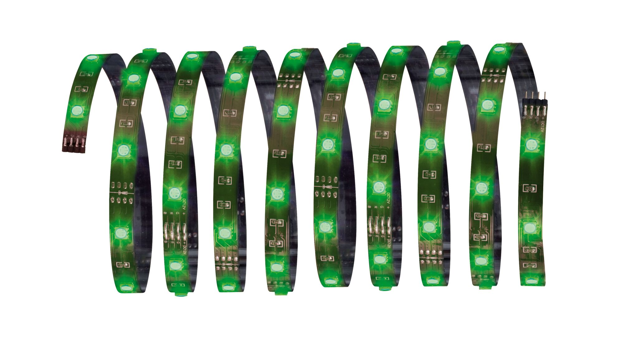 Green LED light strip on flexible plastic band for decorative lighting use.