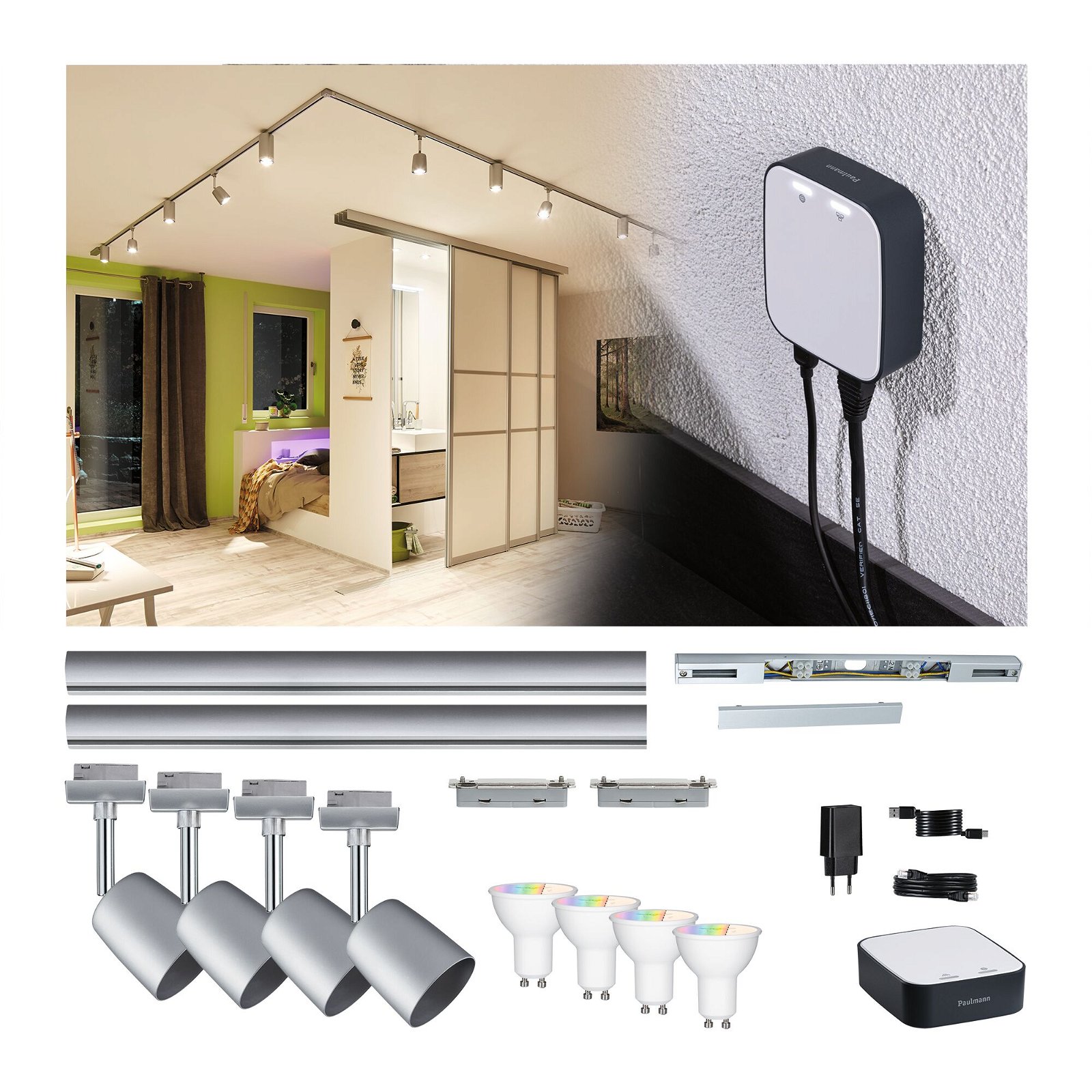 URail Preisattraktives Starterset Smart Home smik Gateway + 4er Set Schienenspot Cover inkl. LED Reflektor GU10