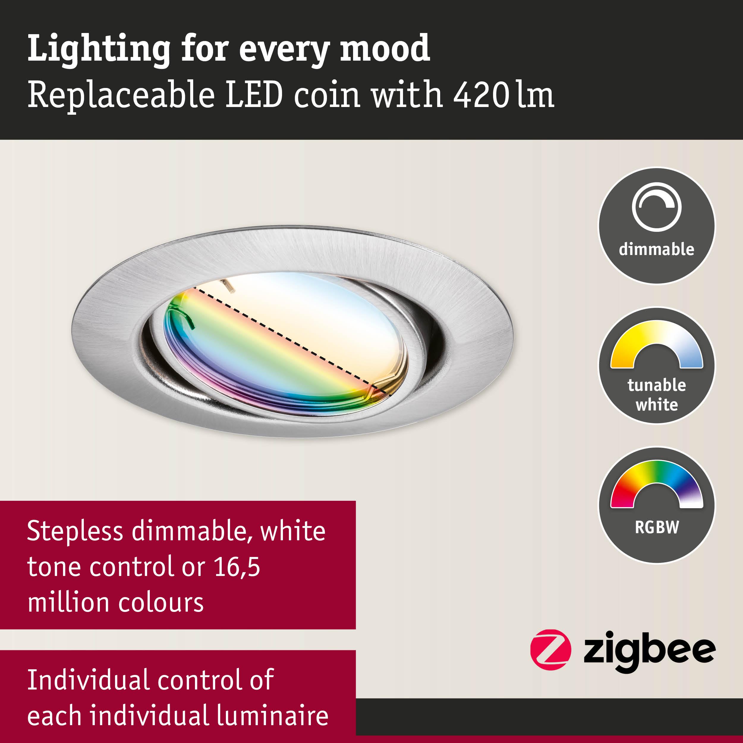 Stainless steel LED recessed spotlight with dimmable RGBW colour control and tunable white, Zigbee enabled
