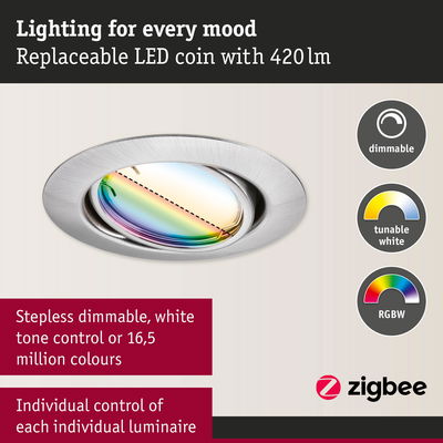 Stainless steel LED recessed spotlight with dimmable RGBW colour control and tunable white, Zigbee enabled