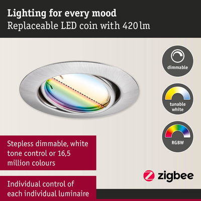 Stainless steel LED recessed spotlight with dimmable RGBW colour control and tunable white, Zigbee enabled