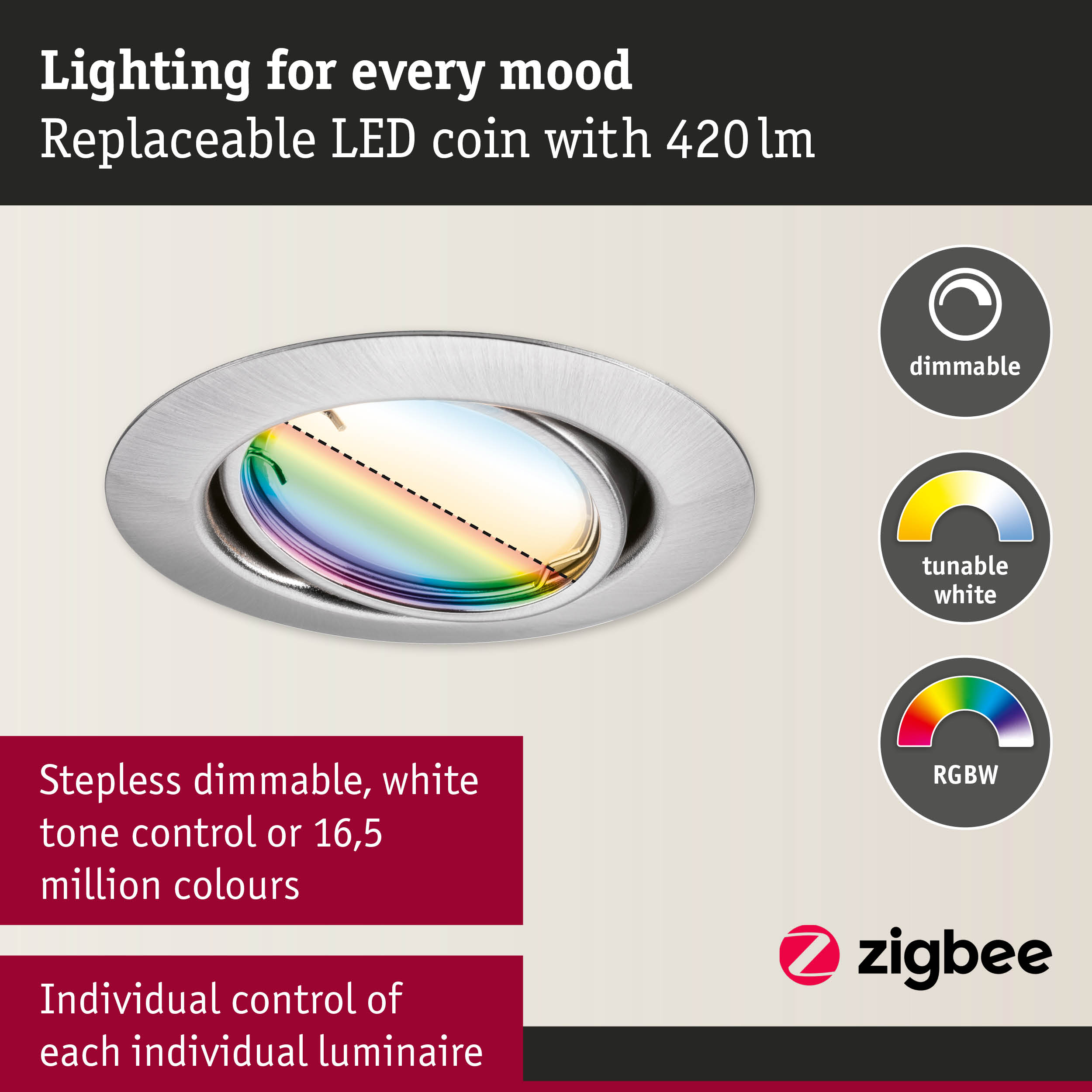 Round brushed aluminium LED recessed light housing with dimmable, tunable white and RGBW lighting