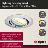 Round brushed aluminium LED recessed light housing with dimmable, tunable white and RGBW lighting