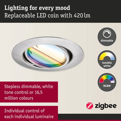 Round brushed aluminium LED recessed light housing with dimmable, tunable white and RGBW lighting