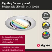 Round brushed aluminium LED recessed light housing with dimmable, tunable white and RGBW lighting