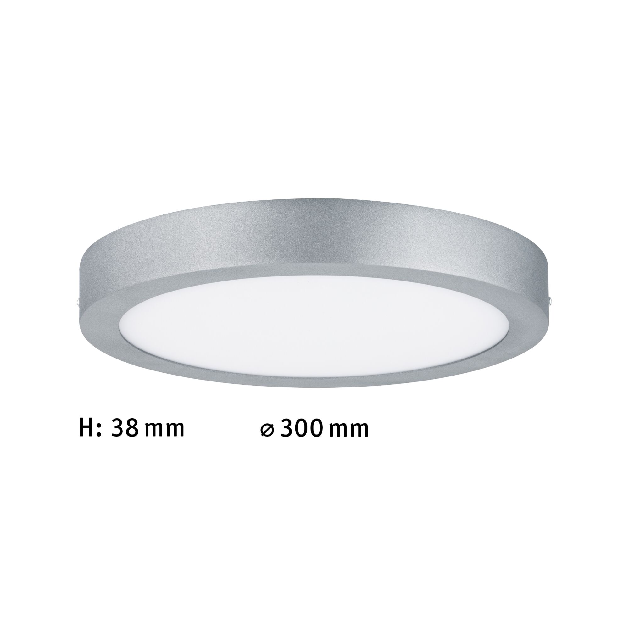 Flat round LED ceiling light in silver aluminum with white diffuser, 300 mm diameter modern lighting