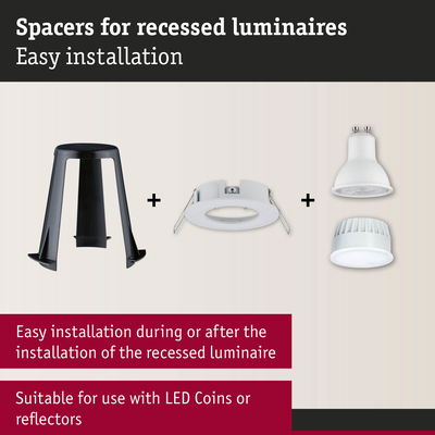 Black plastic spacer and white recessed frame with LED reflectors for easy recessed luminaire installation