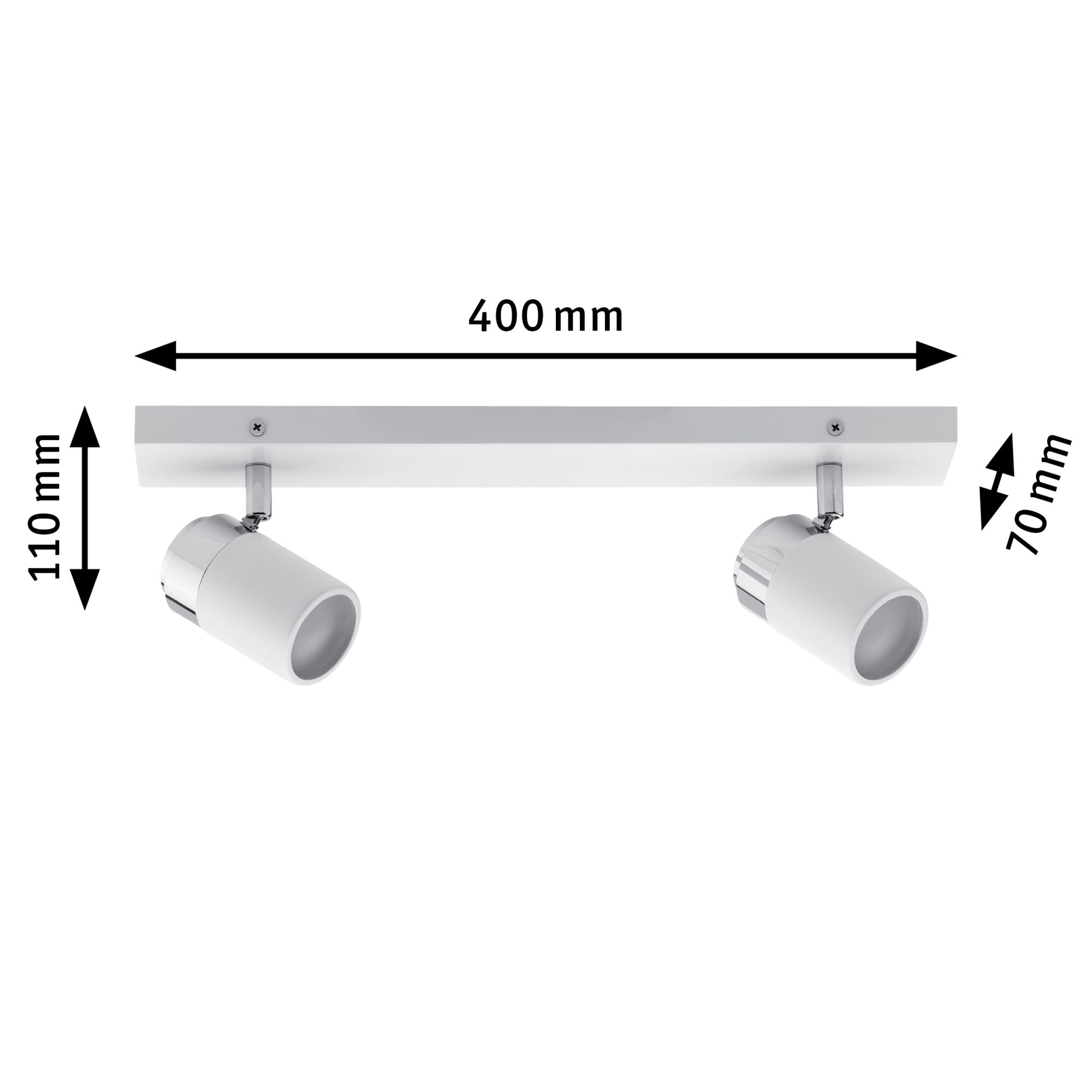 Weißer LED-Deckenstrahler aus Metall mit zwei verstellbaren Spots und Maßen 400x110x70 mm