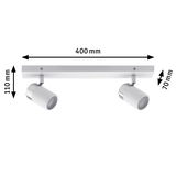 Witte metalen LED-plafondspot met twee verstelbare lampen, afmetingen 400x110x70 mm