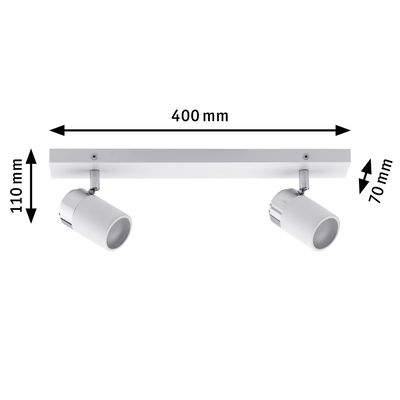 White metal LED ceiling spotlight with two adjustable lamps, dimensions 400x110x70 mm