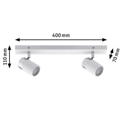 Weißer LED-Deckenstrahler aus Metall mit zwei verstellbaren Spots und Maßen 400x110x70 mm