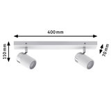 Spot LED de plafond blanc en métal avec deux lampes réglables, dimensions 400x110x70 mm