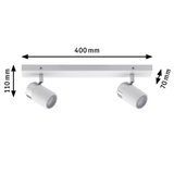 Weißer LED-Deckenstrahler aus Metall mit zwei verstellbaren Spots und Maßen 400x110x70 mm