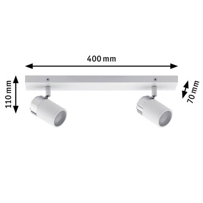 Weißer LED-Deckenstrahler aus Metall mit zwei verstellbaren Spots und Maßen 400x110x70 mm