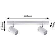 Weißer LED-Deckenstrahler aus Metall mit zwei verstellbaren Spots und Maßen 400x110x70 mm