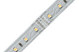 Close-up of silver LED strip with yellow LEDs and 24V markings for lighting applications.