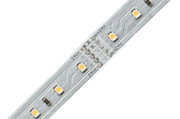 Close-up of silver LED strip with yellow LEDs and 24V markings for lighting applications.