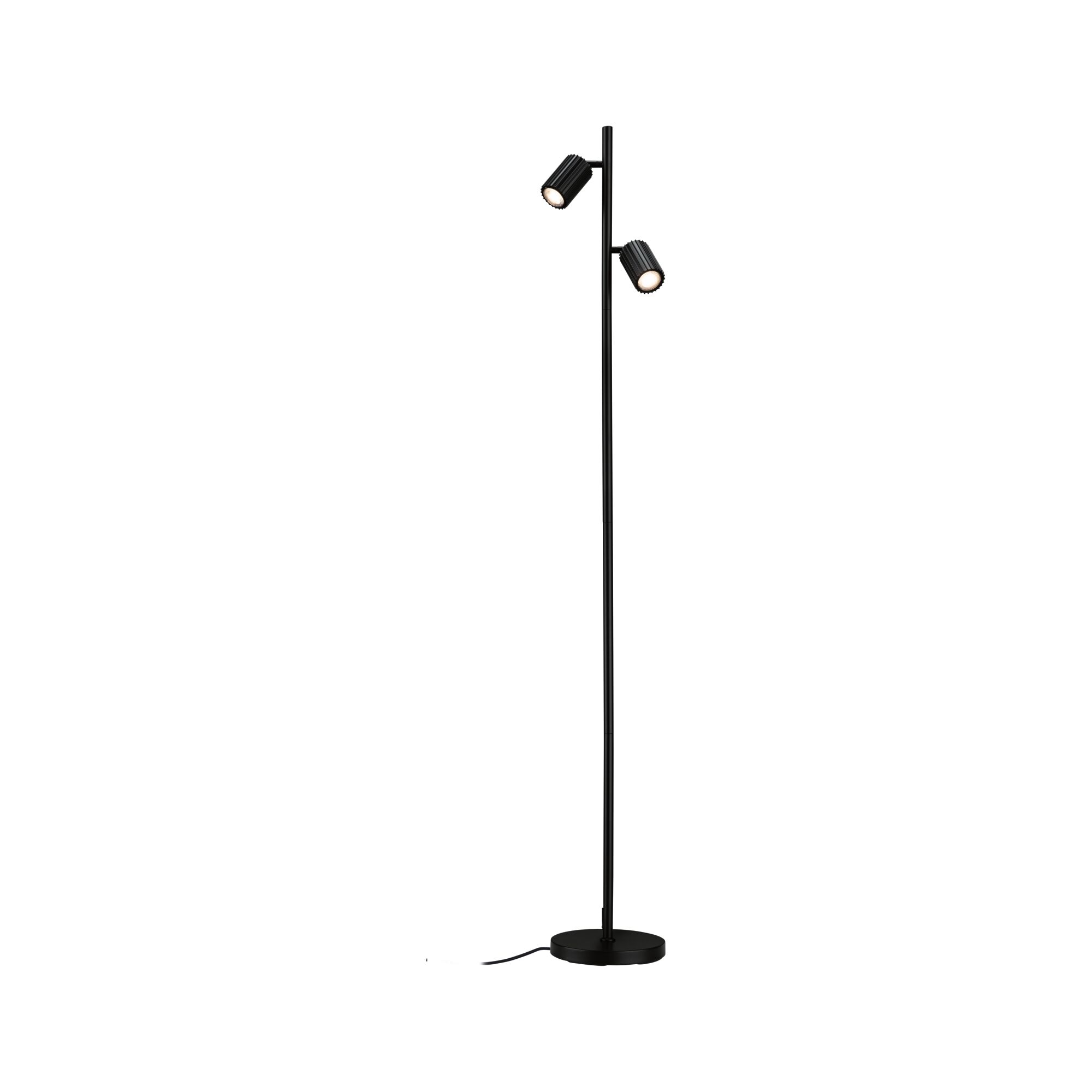 Black metal floor lamp with two adjustable spotlights for modern home lighting
