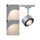 Moderner silberner LED-Strahler aus Metall mit warmweißem Licht für Schienensysteme