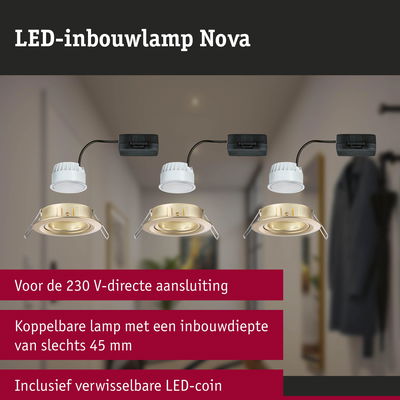 LED-inbouwlamp Nova in goud met wit LED-module, 230V directe aansluiting, 45 mm inbouwdiepte