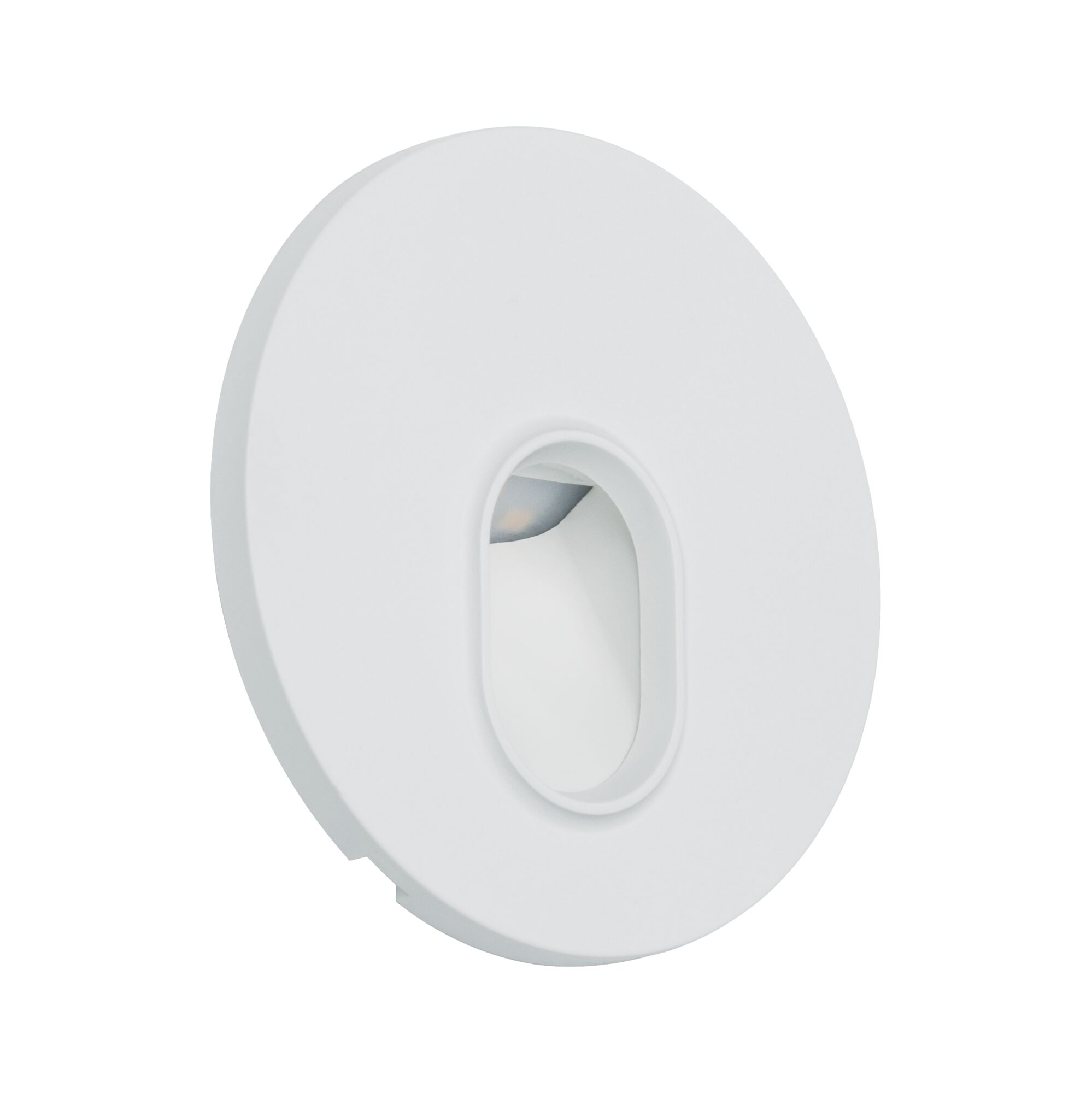 Rund hvid LED-indbygningsvægslampe i plastik med oval lysudgang til indendørs belysning