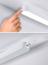 White LED under-cabinet light with touch switch and USB-C charging port for versatile lighting.