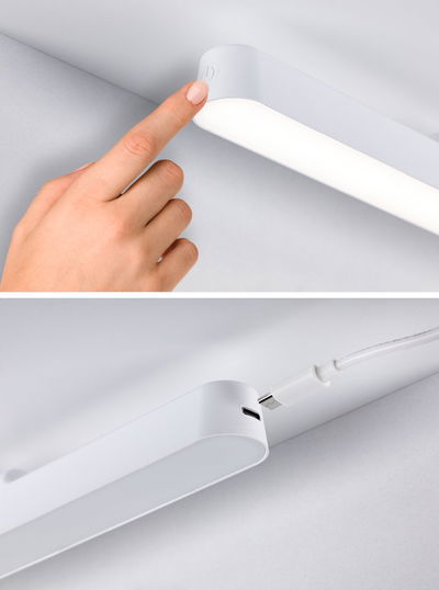 White LED under-cabinet light with touch switch and USB-C charging port for versatile lighting.