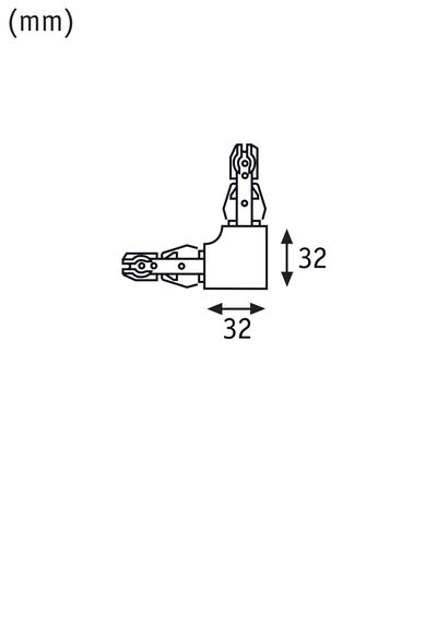 Technical drawing of a 90-degree connector with 32 mm dimensions for LED track lighting systems.