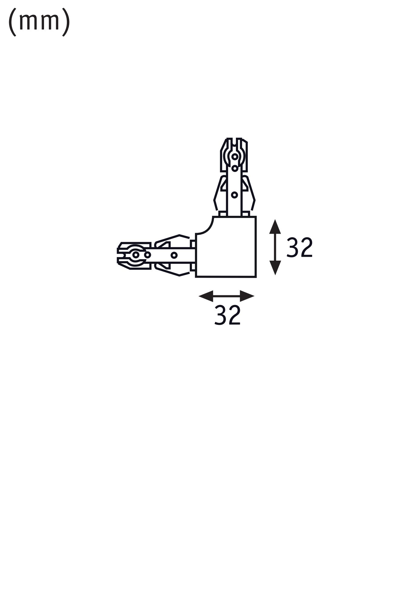 Teknisk tegning af 90-graders connector med 32 mm mål til LED-skinnebelysning.
