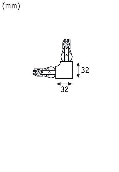 Teknisk tegning af 90-graders connector med 32 mm mål til LED-skinnebelysning.