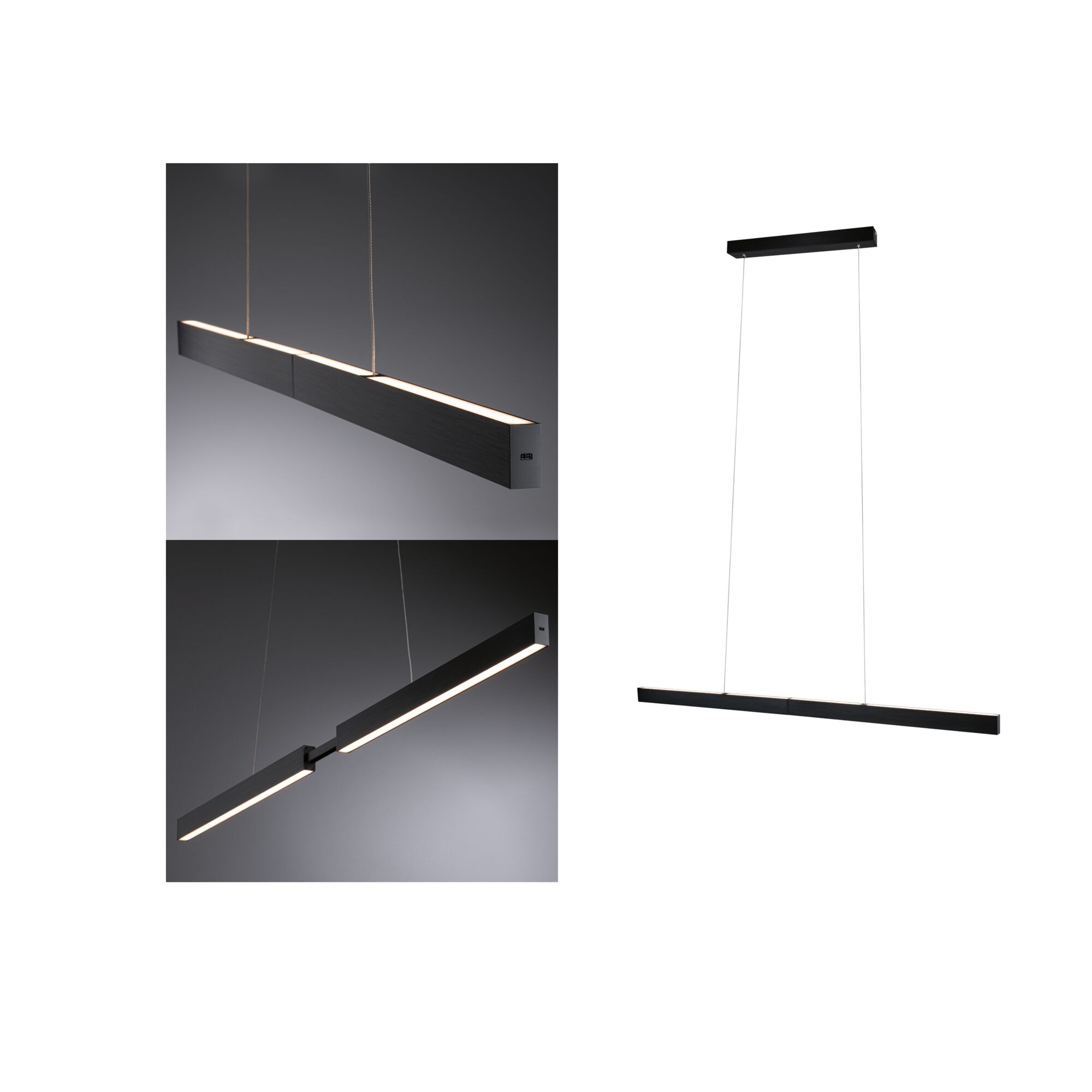 Moderne schwarze LED-Pendelleuchte aus Aluminium mit warmweißem Licht für Wohnräume.