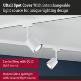 White metal URail Spot Cover with interchangeable light source for modern GU10 spotlight lighting