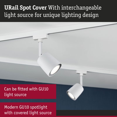 White metal URail Spot Cover with interchangeable light source for modern GU10 spotlight lighting