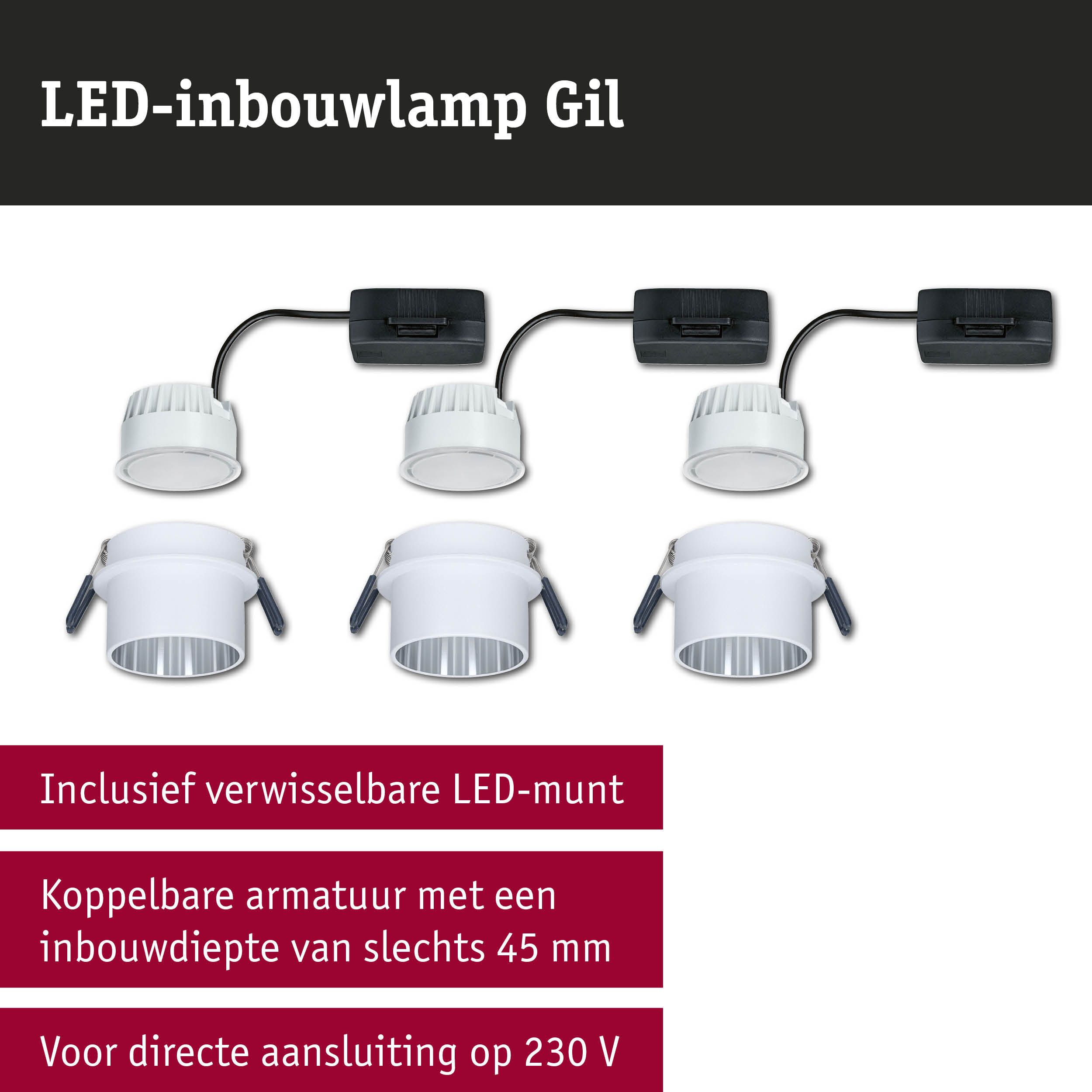 Witte LED-inbouwlamp Gil met zwarte kabel, energiezuinige LED-verlichting