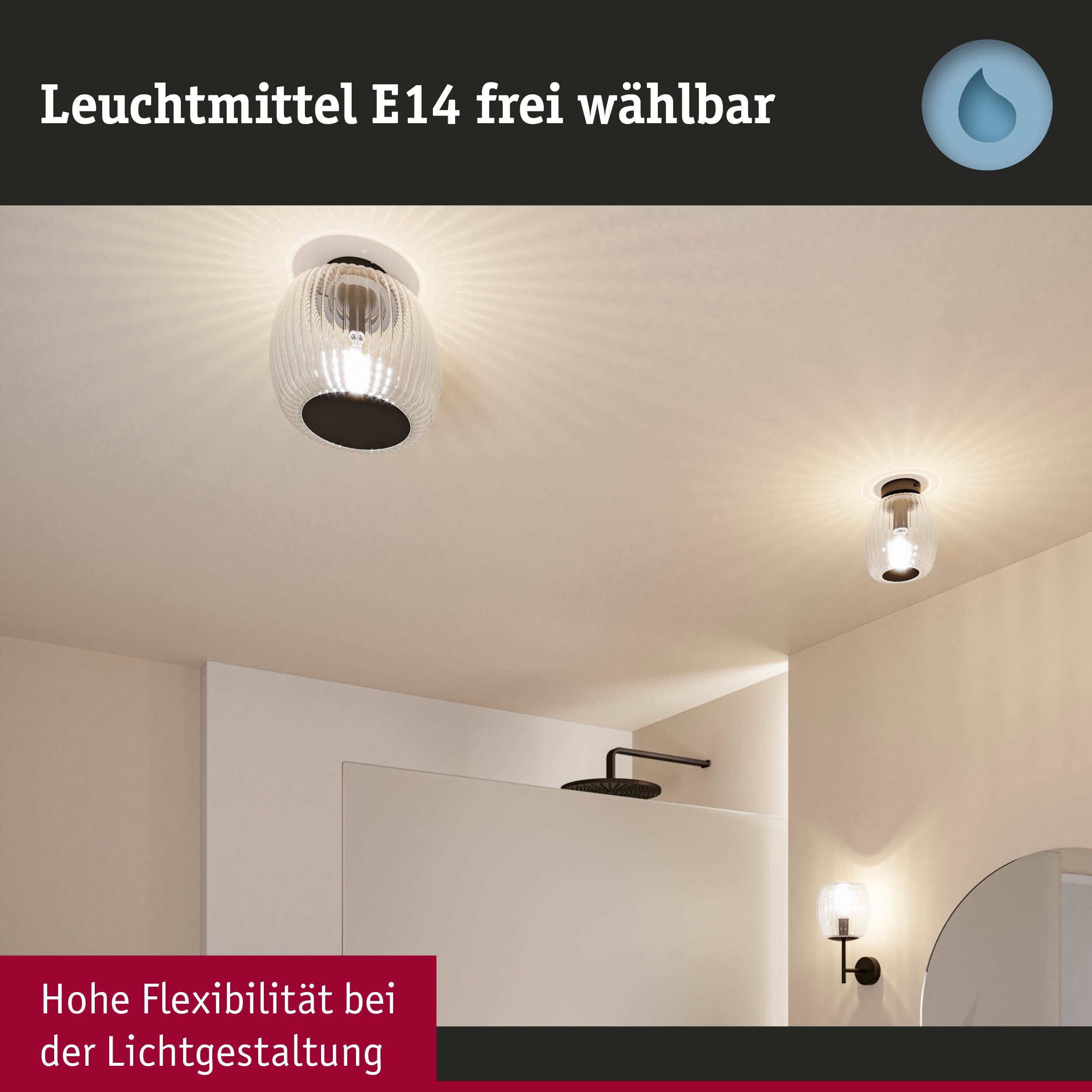 Moderne Deckenleuchte mit klarem Glas und schwarzem Sockel, ideal für flexible Lichtgestaltung im Bad
