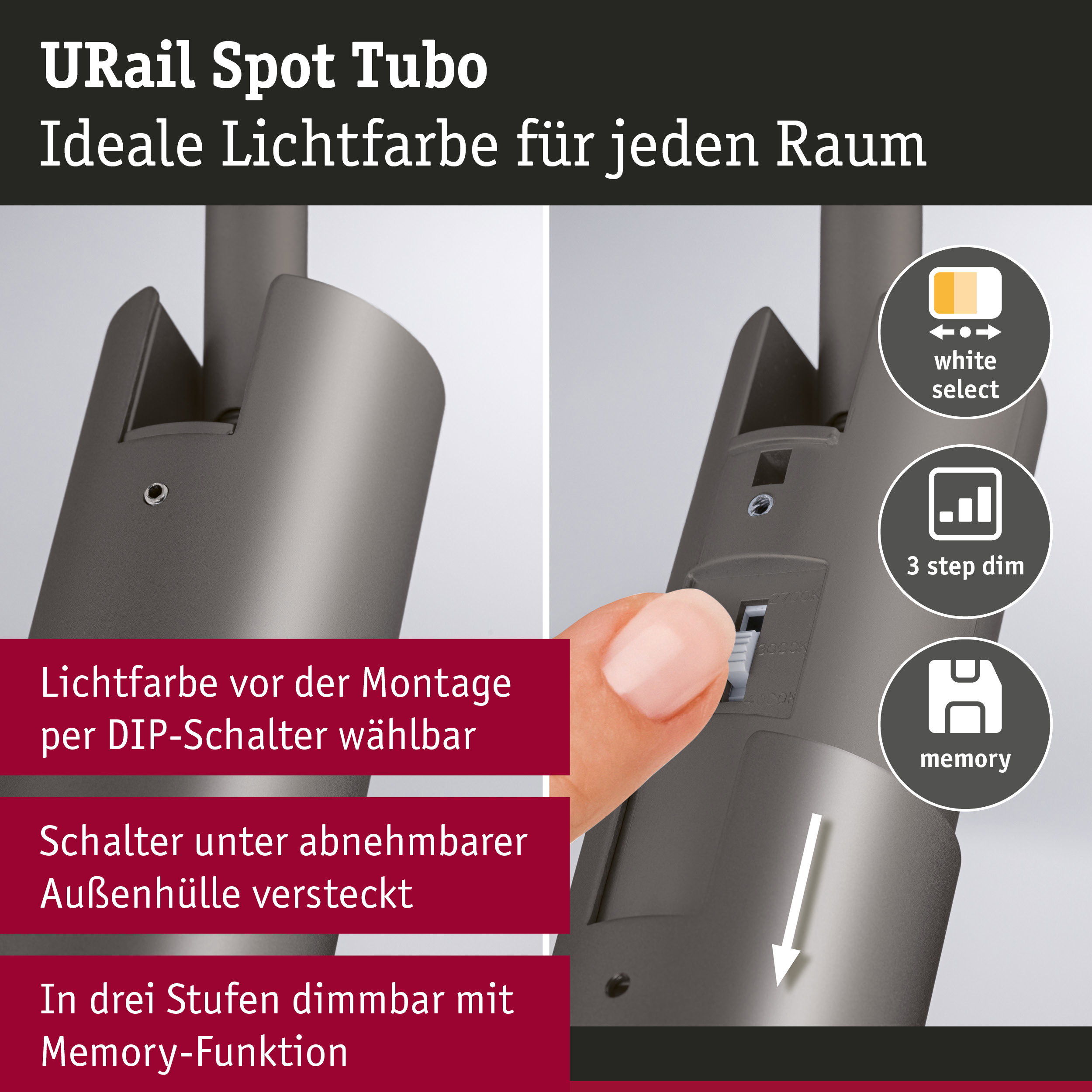 URail Schienenspot Tubo Einzelspot 250lm 3,3W White Select dimmbar 230V Titanium