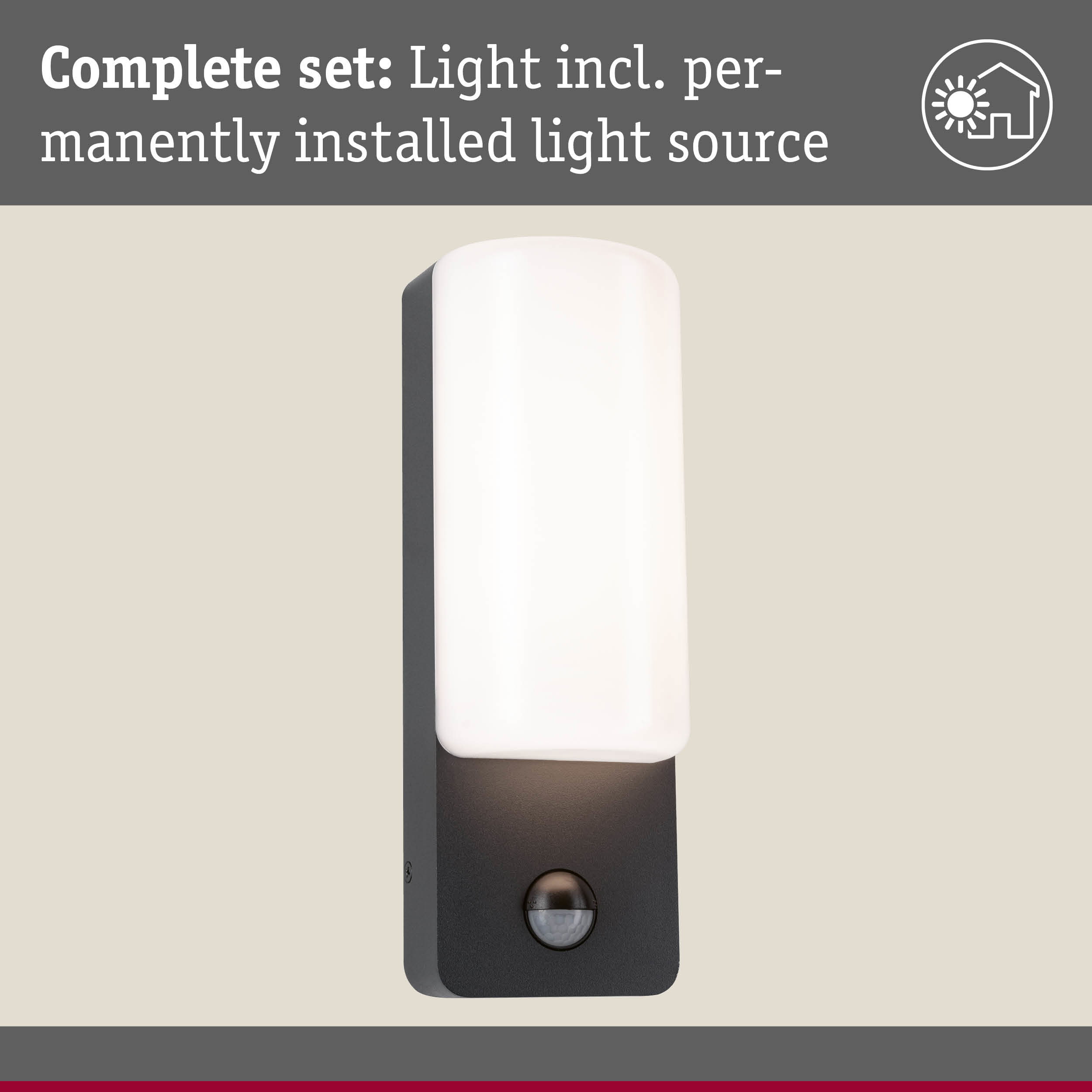 Black outdoor wall light with white glass and motion sensor for home lighting