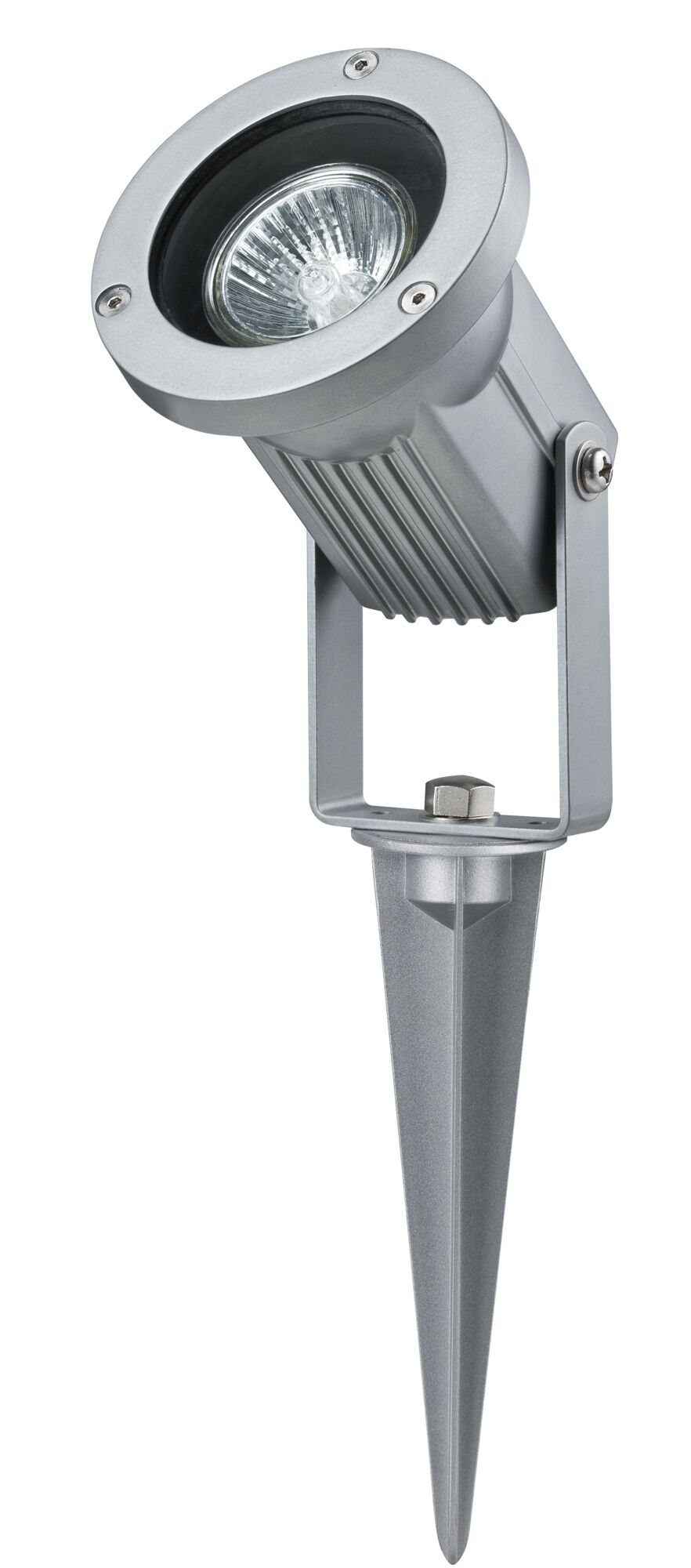 Silver metal garden spotlight with ground spike for outdoor and accent lighting
