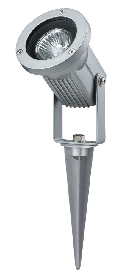 Silver metal garden spotlight with ground spike for outdoor and accent lighting