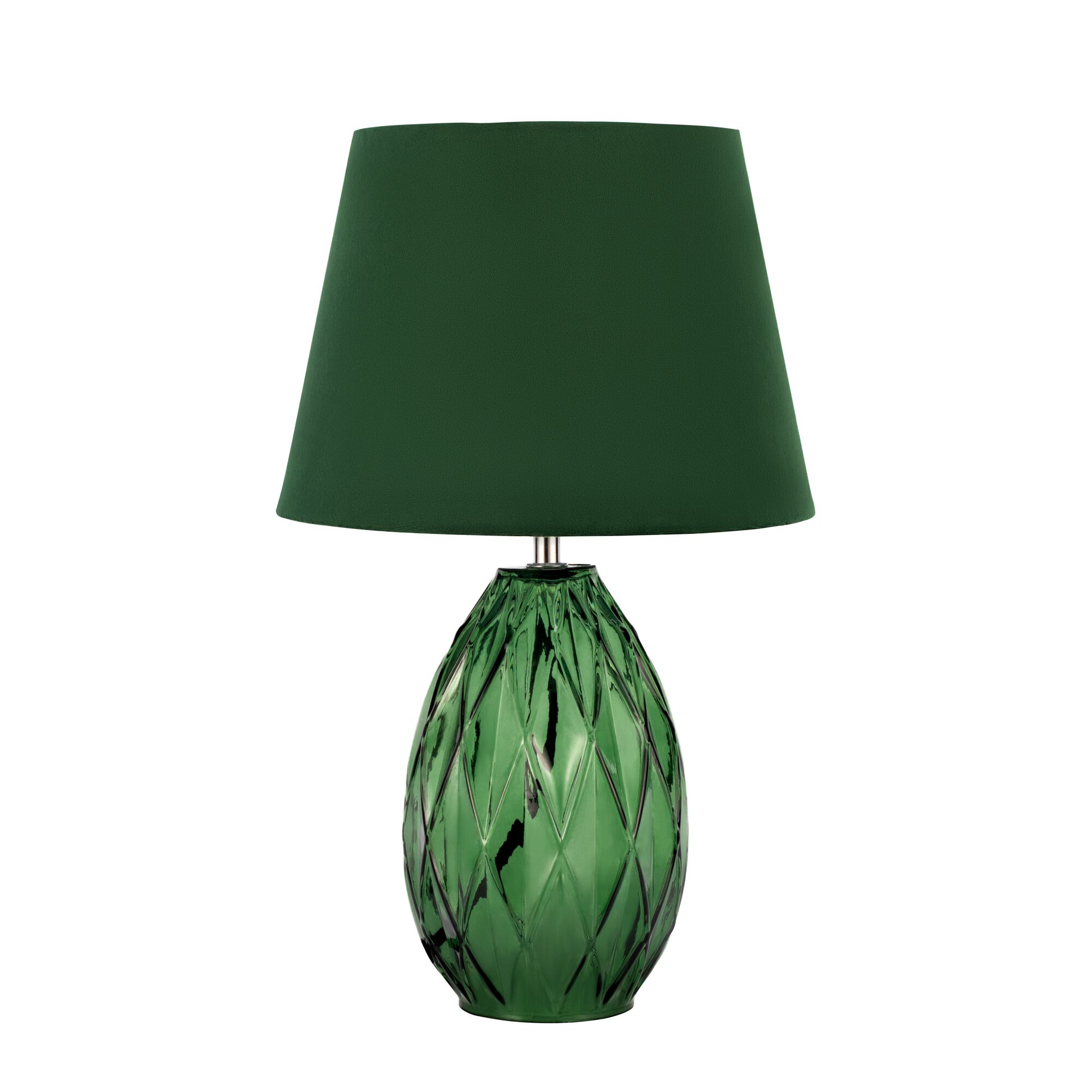 Lampe de table verte avec base en verre texturé et abat-jour en tissu vert pour un éclairage élégant