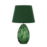 Green table lamp with textured glass base and green fabric shade for elegant home lighting