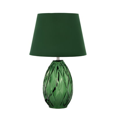 Groene tafellamp met gestructureerde glazen voet en groene stoffen kap voor stijlvolle verlichting
