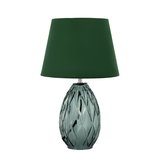 Green table lamp with textured glass base and green fabric shade for home lighting decor